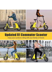 Premium Foldable Electric Scooter with Seat and Rear Basket, 450W Motor, 36V 8AH Battery, 25-35 KM/h Speed, Carbon Alloy Frame, 12.5 Inches Tires, Disk Brakes, Unisex Comfortable E-Scooter for Adults