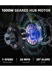 High Speed Electric Mountain Bike with 1000W Motor, 48V 18Ah Battery, 85km Range, 20 Inche Fat Tires, Dual Disk Brakes, Shimano 7 Speed, Front and Rear Suspension, Off Road E-Bike with Digital Display