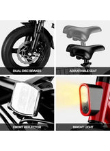 Foldable electric bike details: disc brakes, adjustable seat, front reflector, bright light