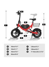 Red foldable electric bike with front basket and cushioned seat