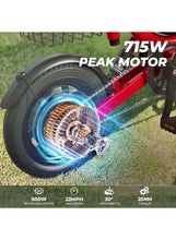 Front motor wheel of a red electric bike with thick tire and glowing ring