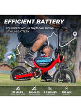 Red foldable electric bike outdoors with rider seated and front wheel visible