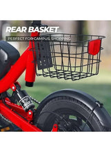 Rear cargo basket on a red foldable electric bike with black tire