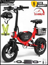 Red foldable electric bike with front basket, black seat, and visible accessories
