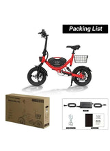 Red foldable electric bike with included accessories and parts box