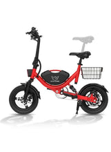 Red foldable electric bike with front basket and black saddle, side view