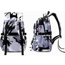 Kids wheeled backpack back view with splatter print, padded straps and telescoping handle