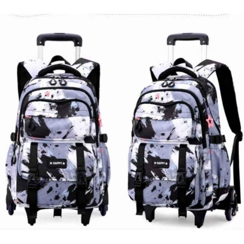 Huitich wheeled backpack for boys and girls with black and white abstract design and multiple compartments