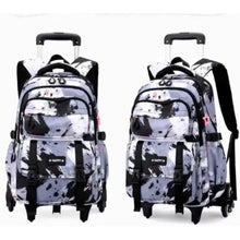 Wheeled kids backpack with splatter print, front zip pockets and rolling wheels