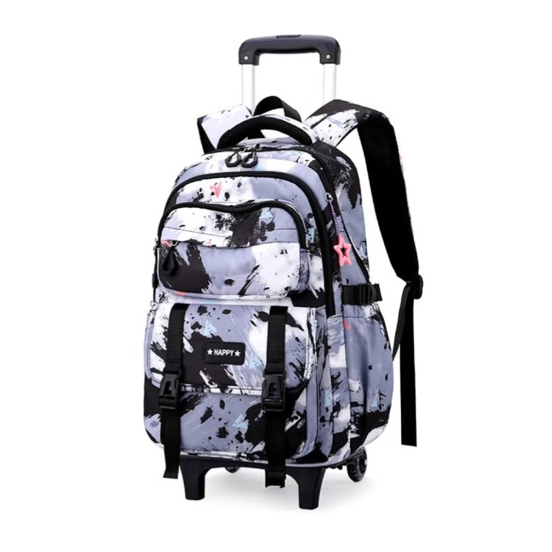 Huitich wheeled backpack for boys and girls with black and white abstract print and multiple compartments