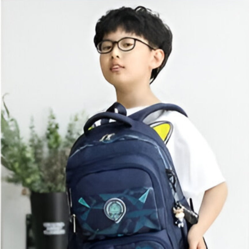 Huitich wheeled school bag for boys and girls with blue geometric design worn by kid