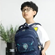 Navy kids rolling backpack close-up with front graphic and top handle