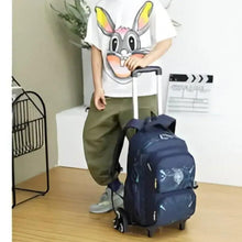 Navy kids rolling backpack with front emblem and padded shoulder straps