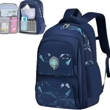 Navy kids wheeled backpack with side pocket and front emblem graphic