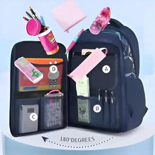 Navy kids rolling backpack open layout with pockets for supplies