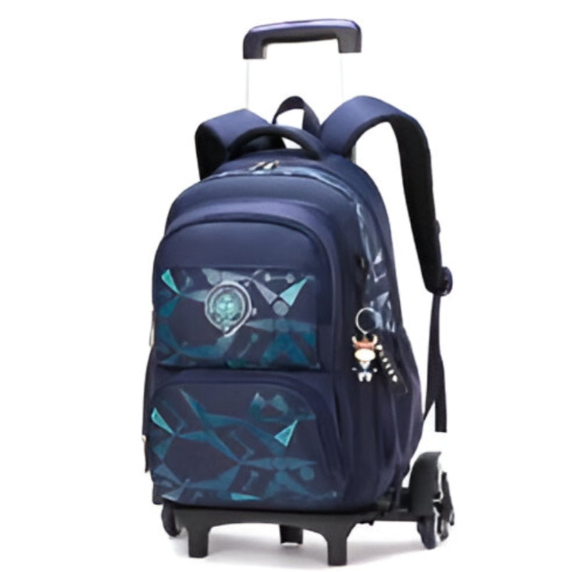 Huitich wheeled school bag for boys and girls in navy blue with geometric patterns and extendable handle