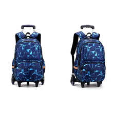 Kids wheeled school backpack, blue geometric pattern, front and side views with rolling wheels