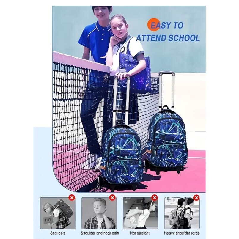 Huitich wheeled school bag with handle for kids featuring blue geometric design and easy mobility