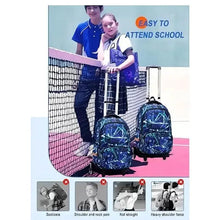 Kids wheeled school backpack, blue geometric pattern, child wearing bag with telescoping handle