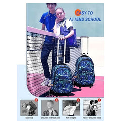 Huitich wheeled school bag with handle for kids featuring blue geometric design and easy mobility
