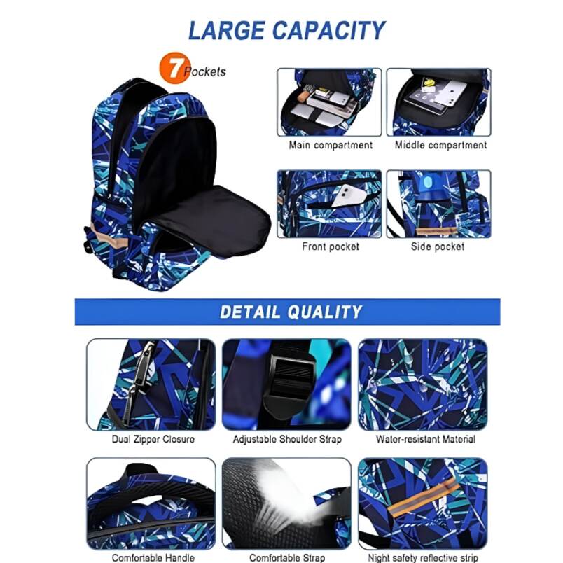 Huitich kids wheeled school bag with handle in blue geometric pattern with multiple compartments and adjustable straps