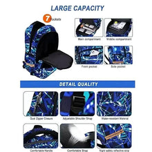 Wheeled school backpack with front pockets and compartments, blue geometric pattern