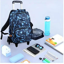 Wheeled school backpack, blue geometric pattern, telescoping handle and rolling wheels