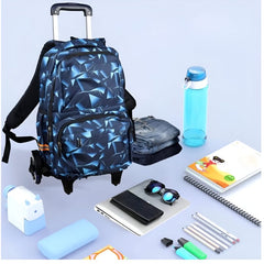 Huitich kids wheeled school bag with handle in blue geometric pattern with school supplies