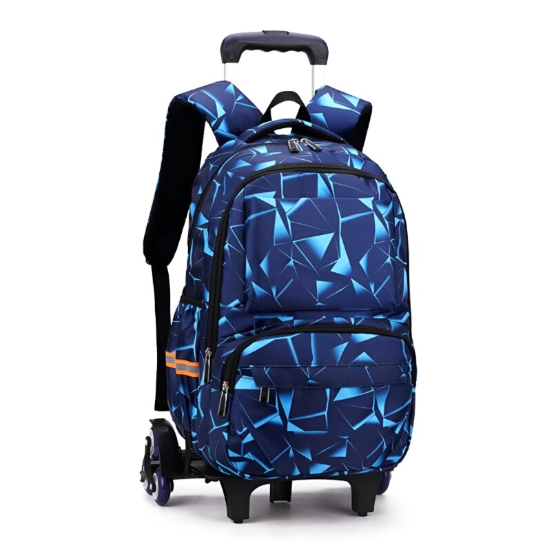Huitich kids wheeled school bag with handle in blue geometric pattern with multiple compartments