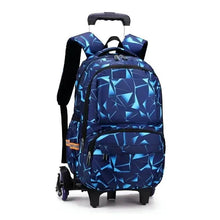 Kids wheeled school backpack, blue geometric pattern, telescoping handle, padded shoulder straps