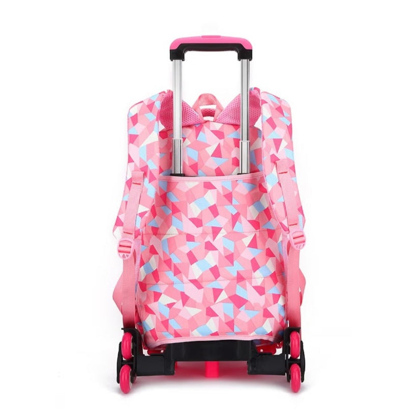 Huitich pink geometric pattern wheeled school bags for kids with adjustable straps and retractable handle