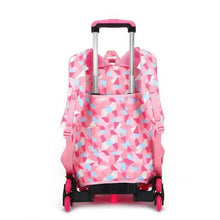 Kids rolling school backpack in pink geometric print with upright handle and shoulder straps