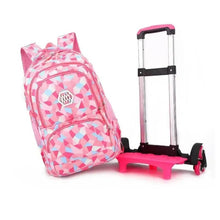 Pink kids wheeled school backpack with geometric pattern, front pocket, and caster wheels