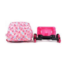 Kids wheeled backpack pink geometric print with back view and wheel base detail
