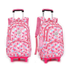 Set of kids pink wheeled school backpacks with geometric pattern and front emblem