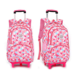 Huitich pink geometric pattern wheeled school bags for kids with extendable handle and multiple compartments