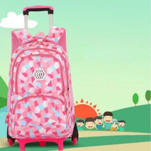 Kids rolling school backpack in pink with colorful geometric pattern and front panels