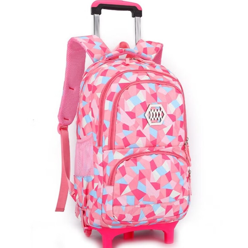 Huitich pink geometric patterned wheeled school bags for kids with telescoping handle and padded straps
