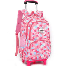 Kids wheeled school backpack with pink geometric pattern and extendable handle