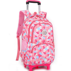 Huitich pink geometric patterned wheeled school bags for kids with telescoping handle and padded straps