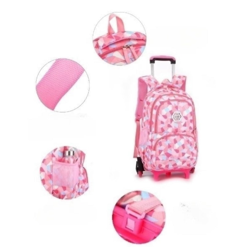 Huitich pink wheeled school bags for kids with geometric pattern and multiple compartments