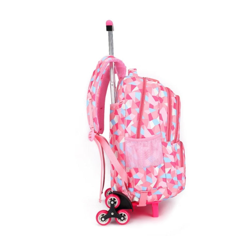Huitich pink geometric wheeled school bags for kids with three-wheel design and adjustable straps