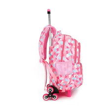 Kids wheeled school backpack side view in pink geometric print with small front wheels