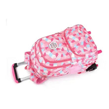 Pink kids rolling school backpack with geometric pattern and front compartment detail