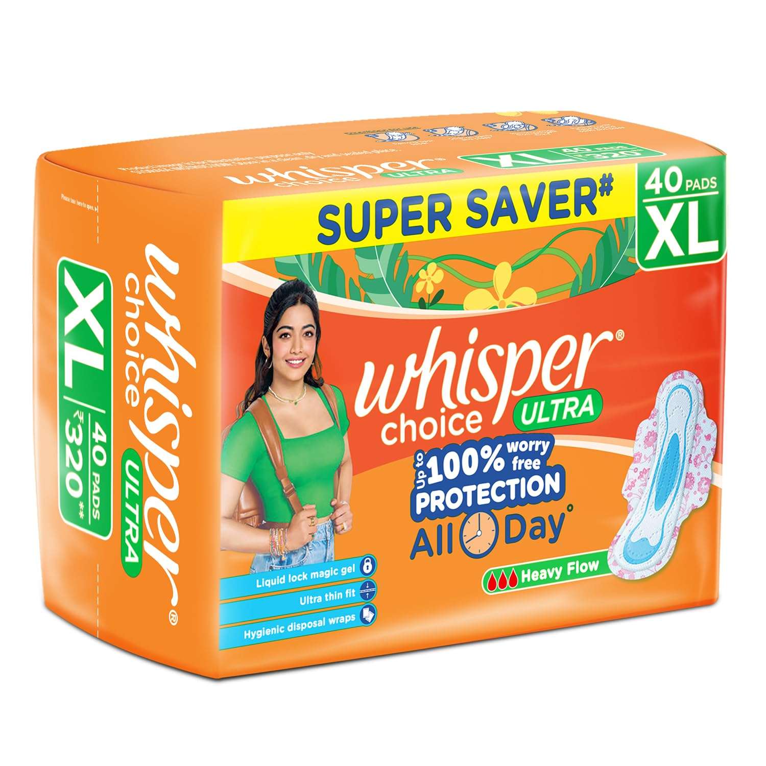 Whisper Choice sanitary pads XL 40 pack orange box with woman on package heavy flow ultra thin pads