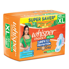 Whisper Choice sanitary pads XL 40 pack orange box with woman on package heavy flow ultra thin pads