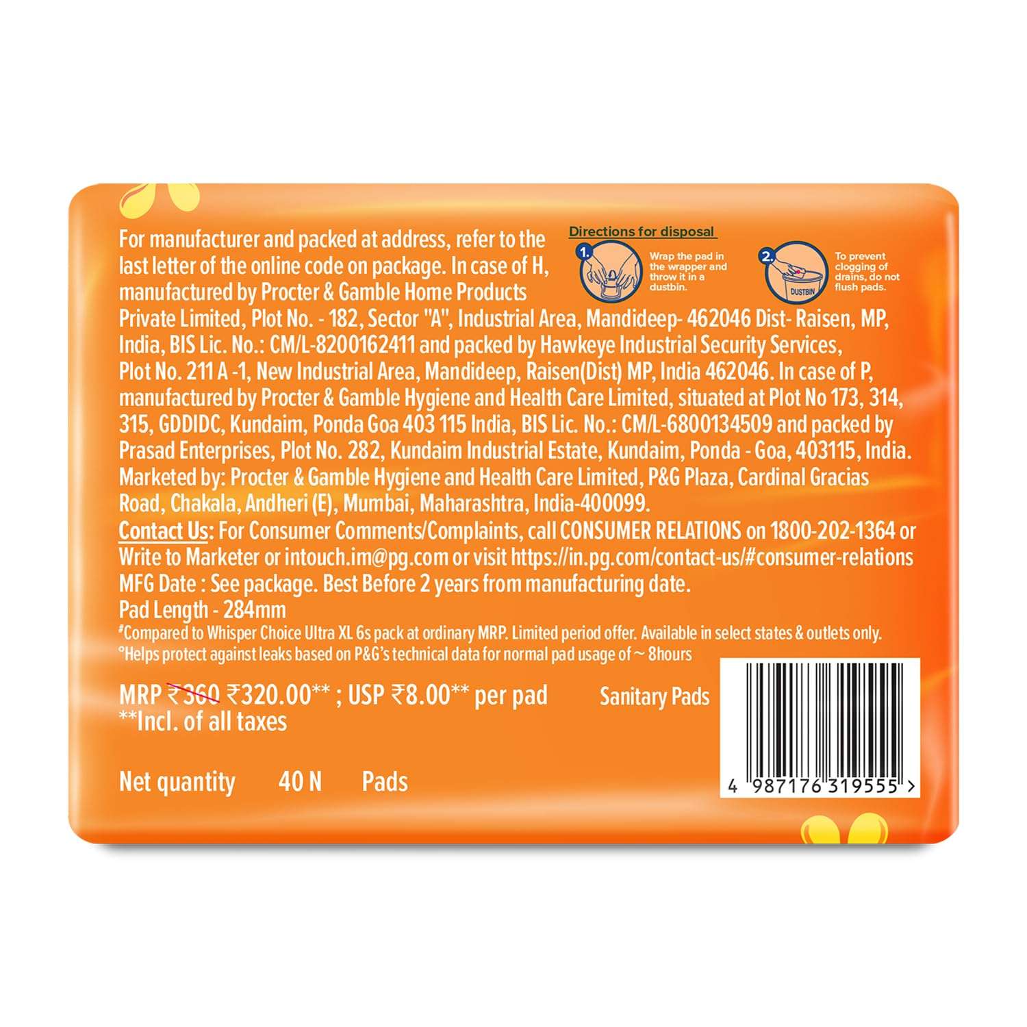 Back of pack of Whisper Choice sanitary pads XL with product information and barcode on orange background