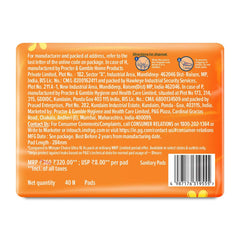 Back of pack of Whisper Choice sanitary pads XL with product information and barcode on orange background