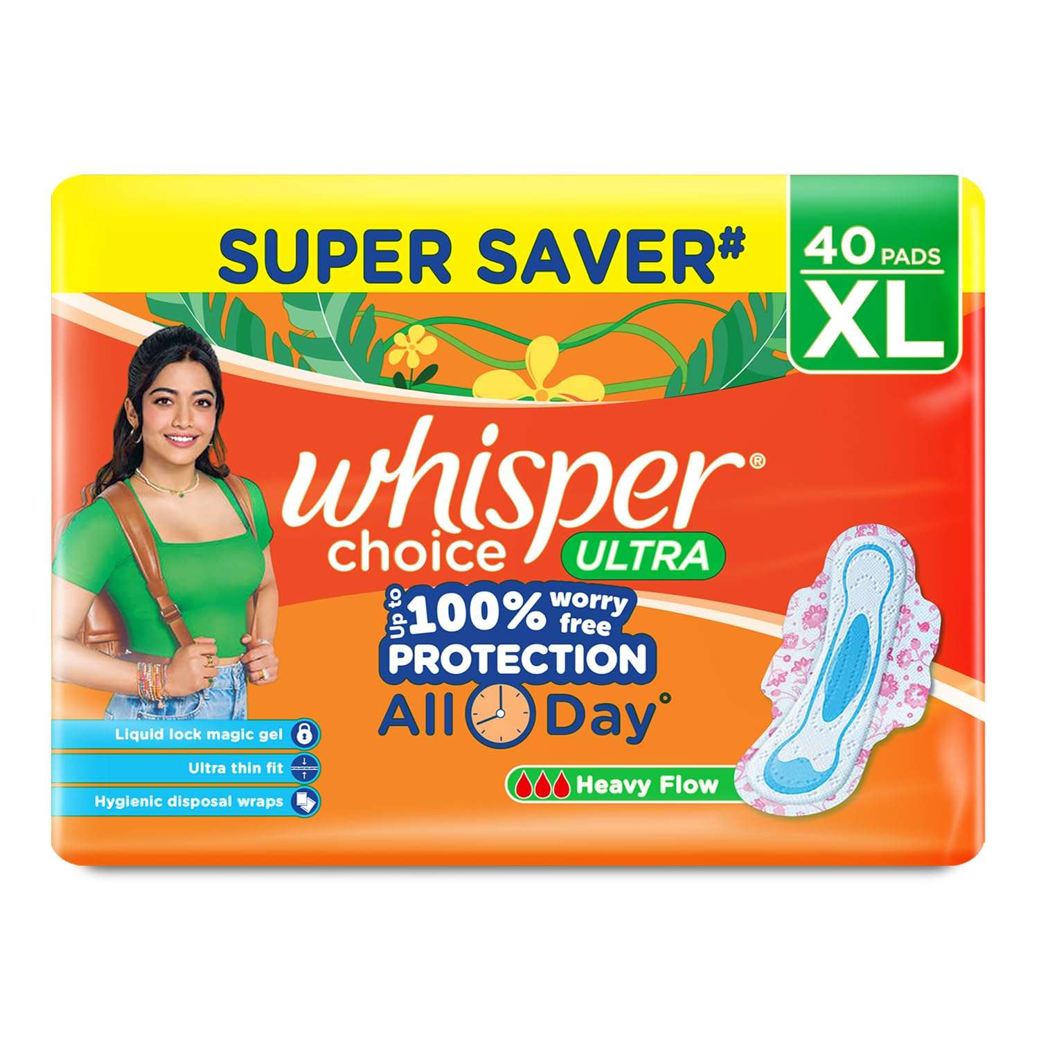 Whisper Choice sanitary pads XL 40 pack super saver heavy flow ultra thin pads with liquid lock gel
