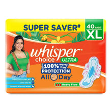 Sanitary pad box front, XL size, 40 count, orange package with blue pad